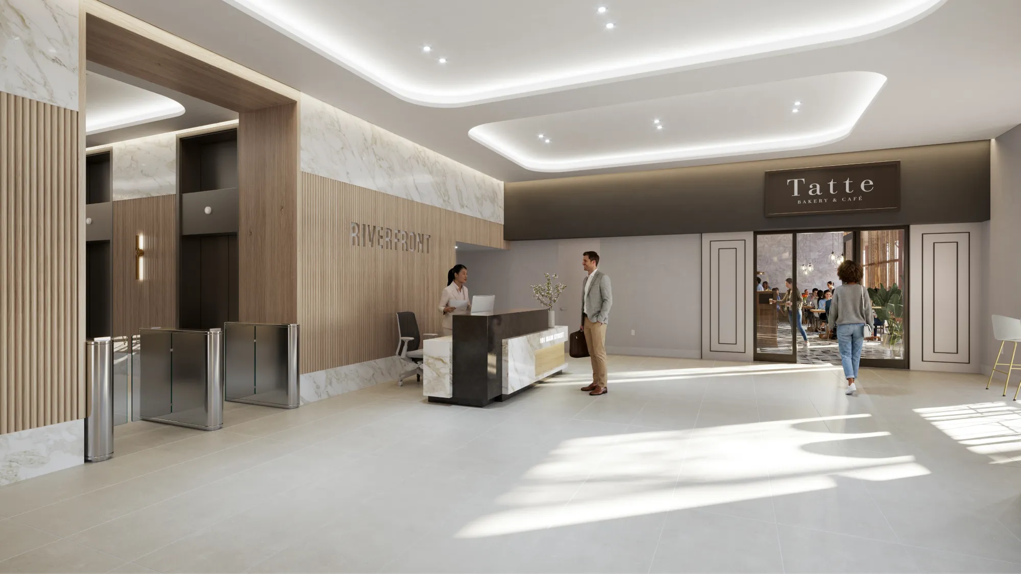 Lobby amenity Tatte at Riverfront office park