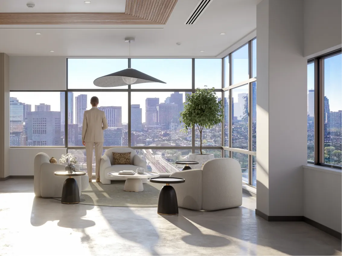 Tenant office space with generous windows at Riverfront office park