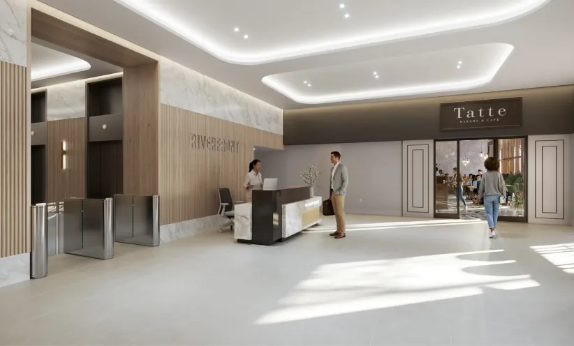 Lobby amenity Tatte at Riverfront office park